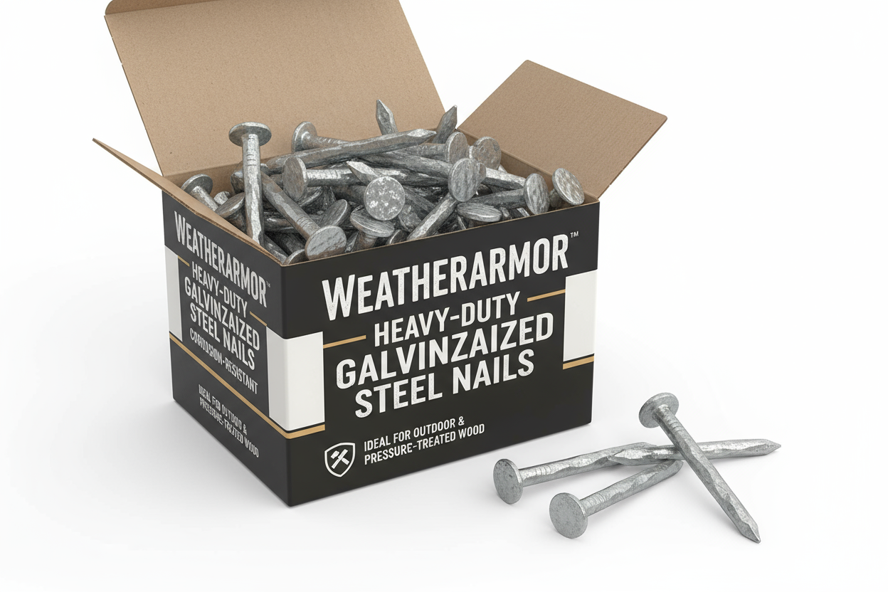 Box of corrosion-resistant, heavy-duty galvanized steel nails, ideal for outdoor and pressure-treated wood applications.